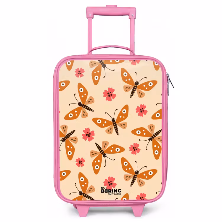 Kinderkoffer Rosa - Orangefarbene Schmetterlinge und rosa Blumen auf beigem Hintergrund — 1
