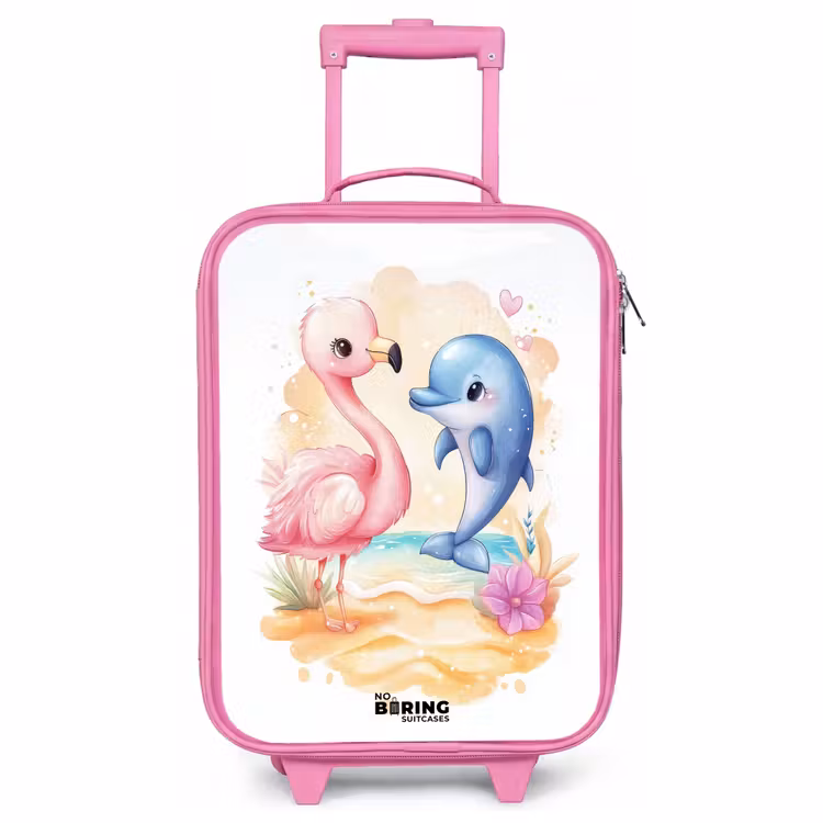Kinderkoffer Rosa - Rosa Flamingo und blauer Delfin am Strand — 1