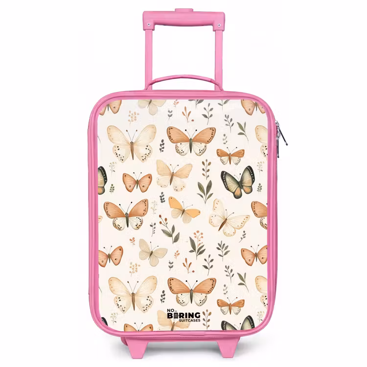 Kinderkoffer Rosa - Schmetterlinge in Beige- und Orangetönen zwischen grünen Blättern — 1