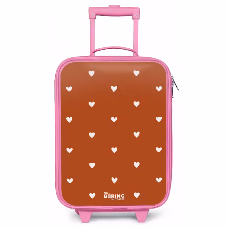 Kinderkoffer Rosa - Weißes Herzmuster auf orange-braunem Hintergrund — 1