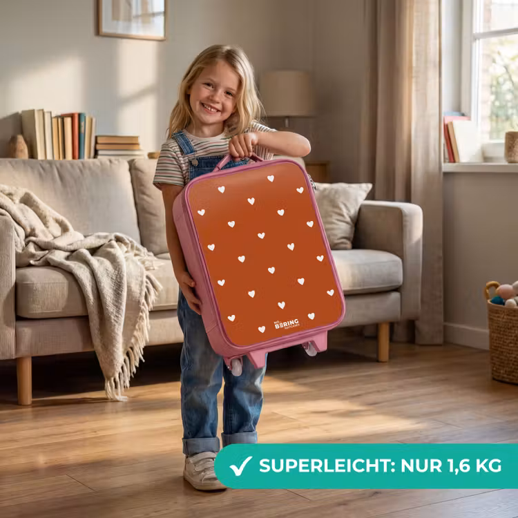 Kinderkoffer Rosa - Weißes Herzmuster auf orange-braunem Hintergrund — 3