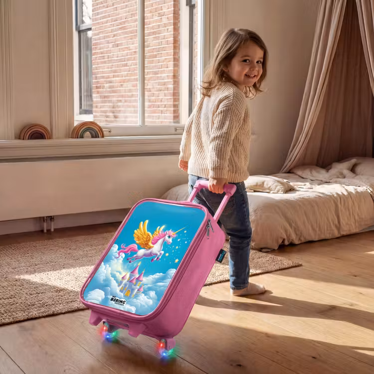 Kinderkoffer Rosa - Fliegendes Einhorn mit goldenen Flügeln über dem Schloss — 2
