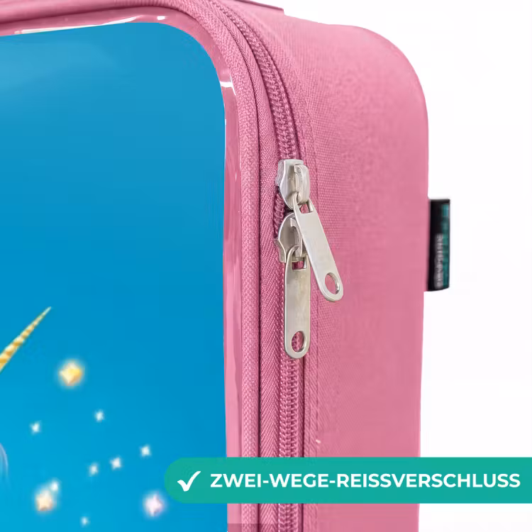 Kinderkoffer Rosa - Fliegendes Einhorn mit goldenen Flügeln über dem Schloss — 5