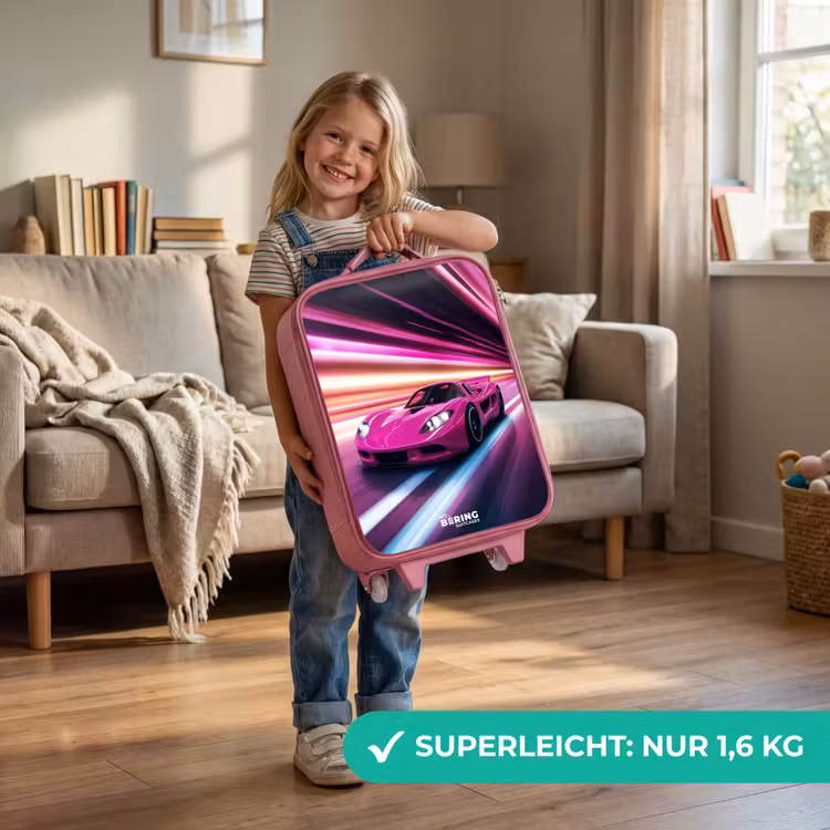 Kinderkoffer Rosa - Rosa Rennwagen blinkt durch Neonlicht — 3