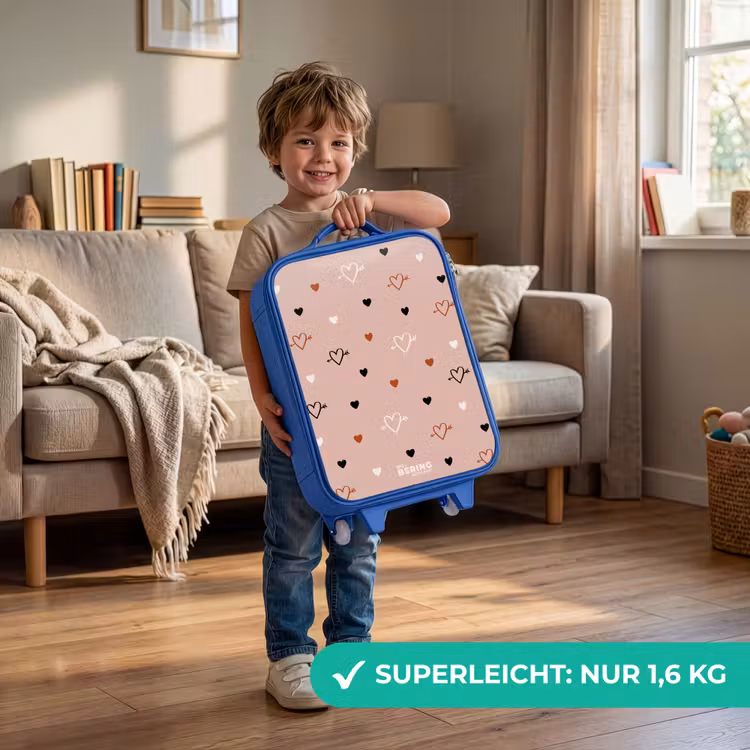 Kinderkoffer Blau - Herzen mit Pfeilen in Schwarz, Weiß und Rosa — 3