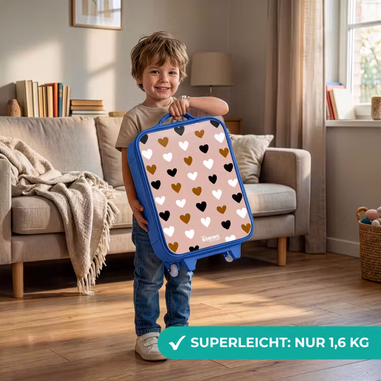 Kinderkoffer Blau - Schwarzes, weißes und braunes Herzmuster auf altrosa Hintergrund — 3