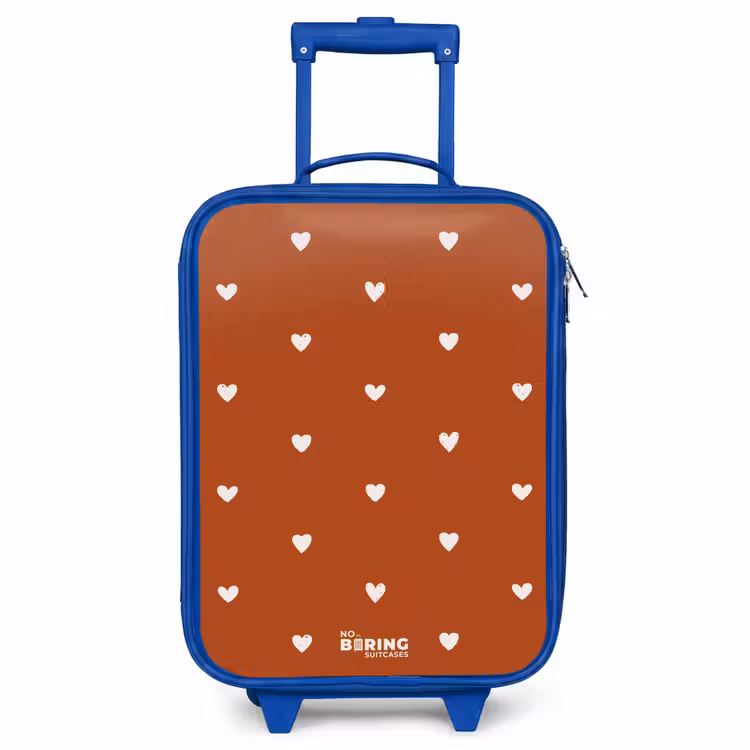 Kinderkoffer Blau - Weißes Herzmuster auf orange-braunem Hintergrund — 1