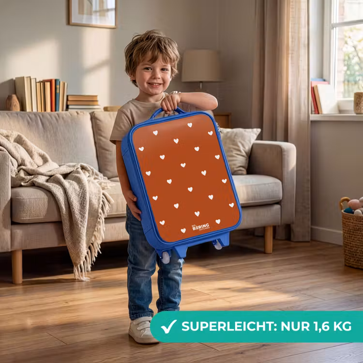 Kinderkoffer Blau - Weißes Herzmuster auf orange-braunem Hintergrund — 3