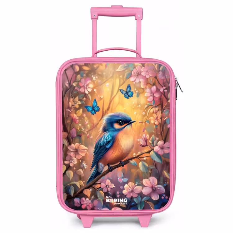 Kinderkoffer Rosa - Vogel mit Schmetterlingen im bunten Wald. — 1