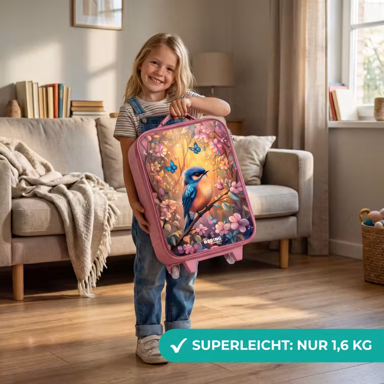 Kinderkoffer Rosa - Vogel mit Schmetterlingen im bunten Wald. — 3