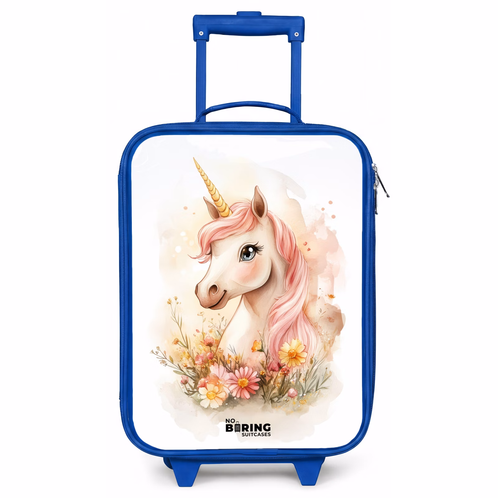 Kinderkoffer Blau - Einhorn mit rosa Mähne zwischen pastellfarbenen Blumen — 1