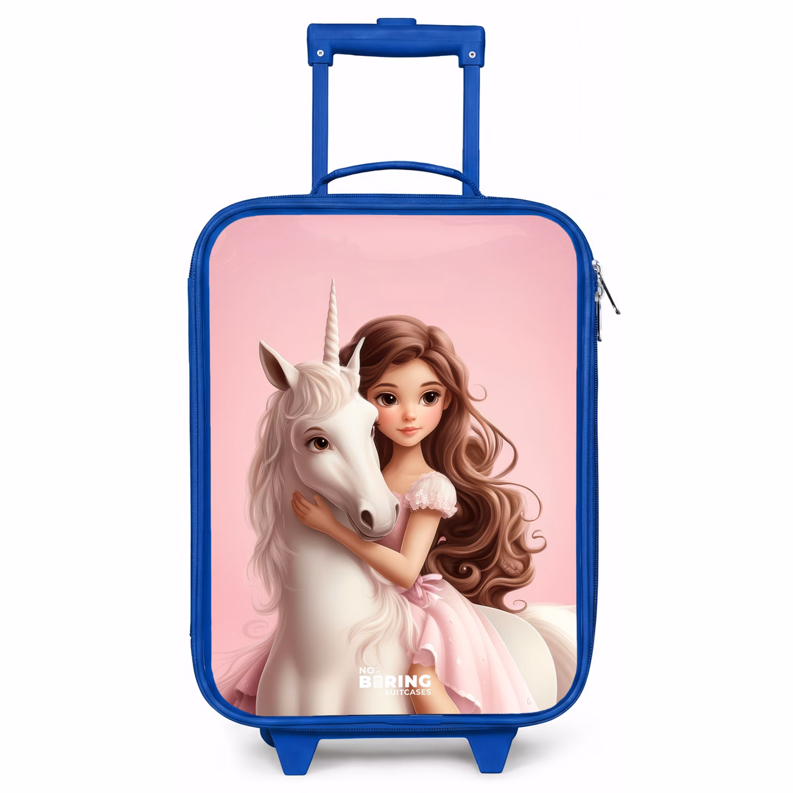 Kinderkoffer Blau - Mädchen mit weißem Einhorn auf rosa Hintergrund — 1