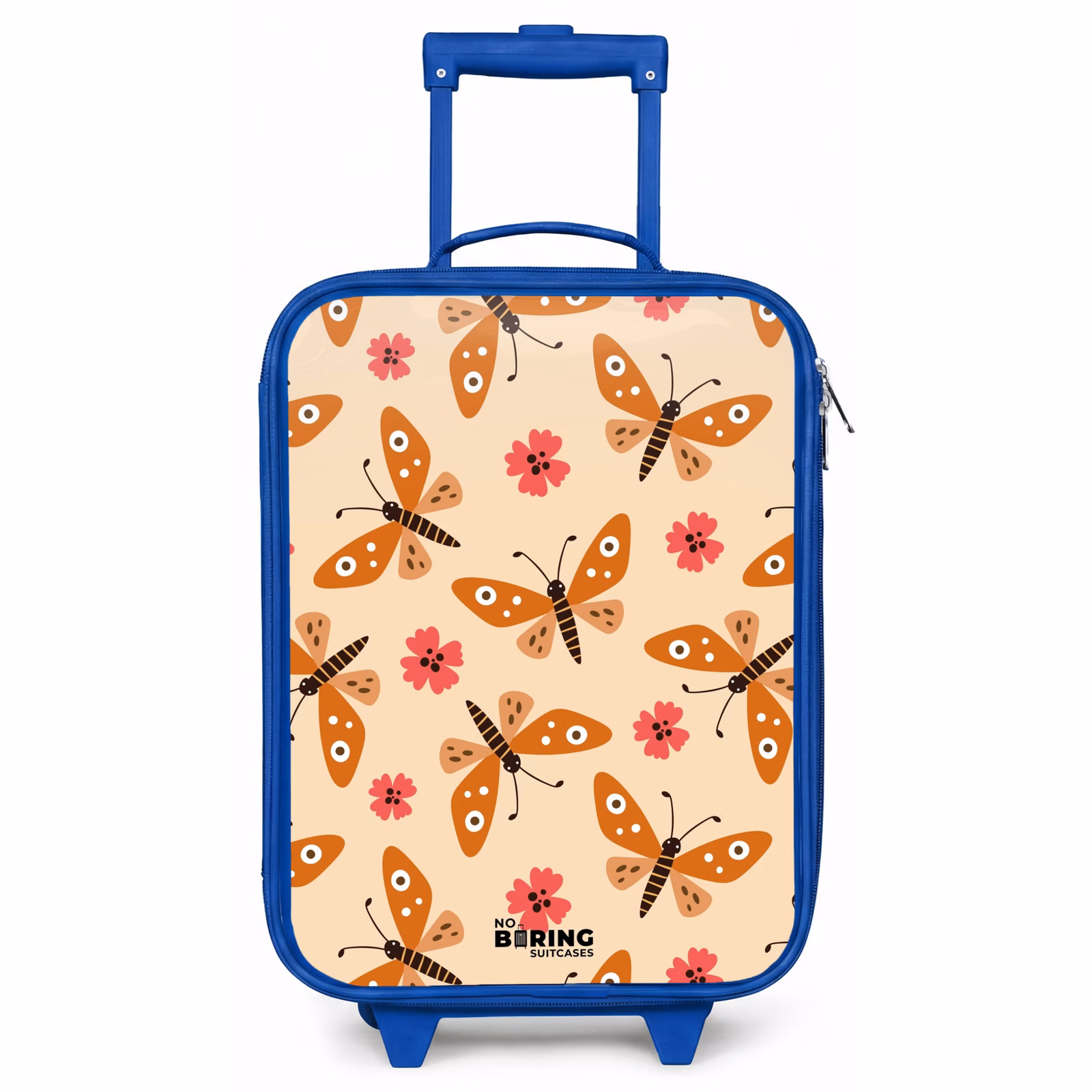 Kinderkoffer Blau - Orangefarbene Schmetterlinge und rosa Blumen auf beigem Hintergrund — 1