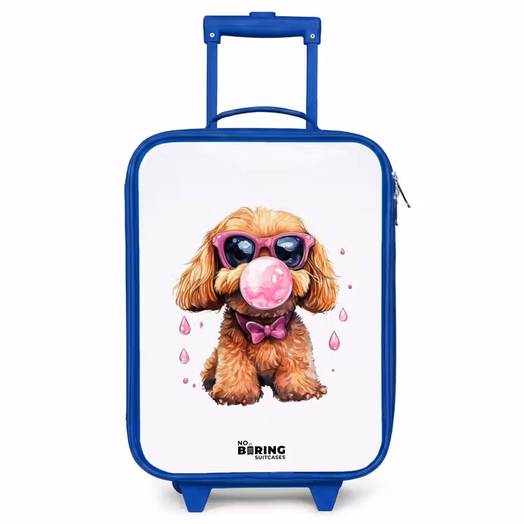 Kinderkoffer Blau - Brauner Hund mit rosa Brille und Kaugummi — 1