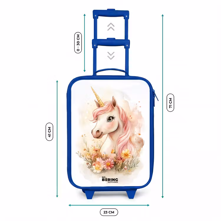 Kinderkoffer Blau - Einhorn mit rosa Mähne zwischen pastellfarbenen Blumen — 7