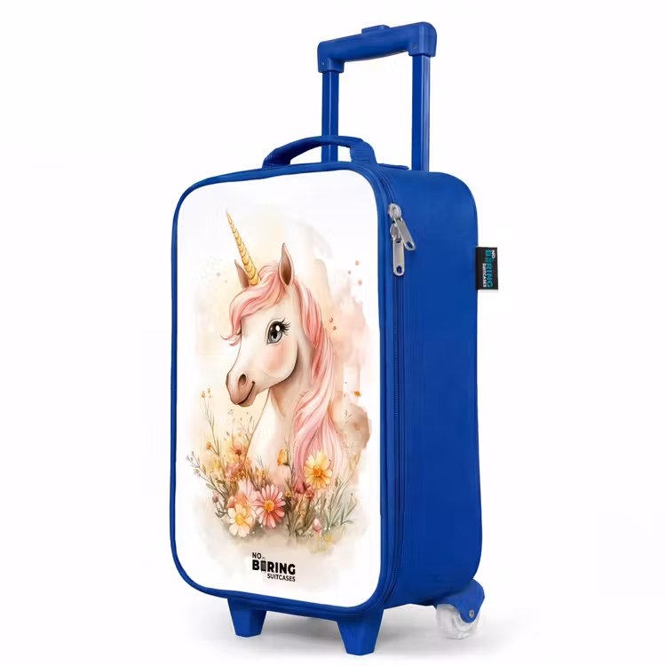 Kinderkoffer Blau - Einhorn mit rosa Mähne zwischen pastellfarbenen Blumen — 8