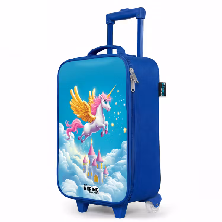 Kinderkoffer Blau - Fliegendes Einhorn mit goldenen Flügeln über dem Schloss — 8