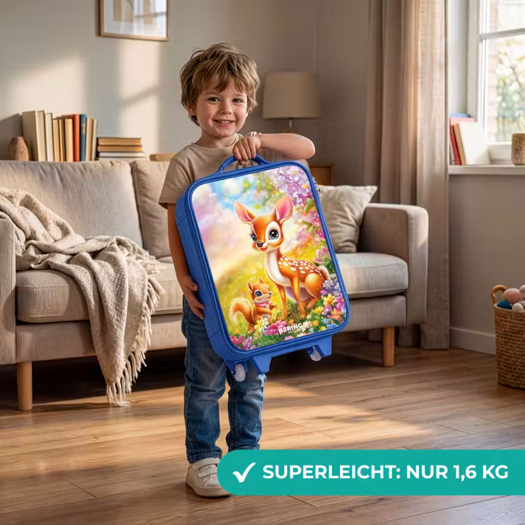 Kinderkoffer Blau - Hirsch und Eichhörnchen in einem bunten Blumenfeld — 3