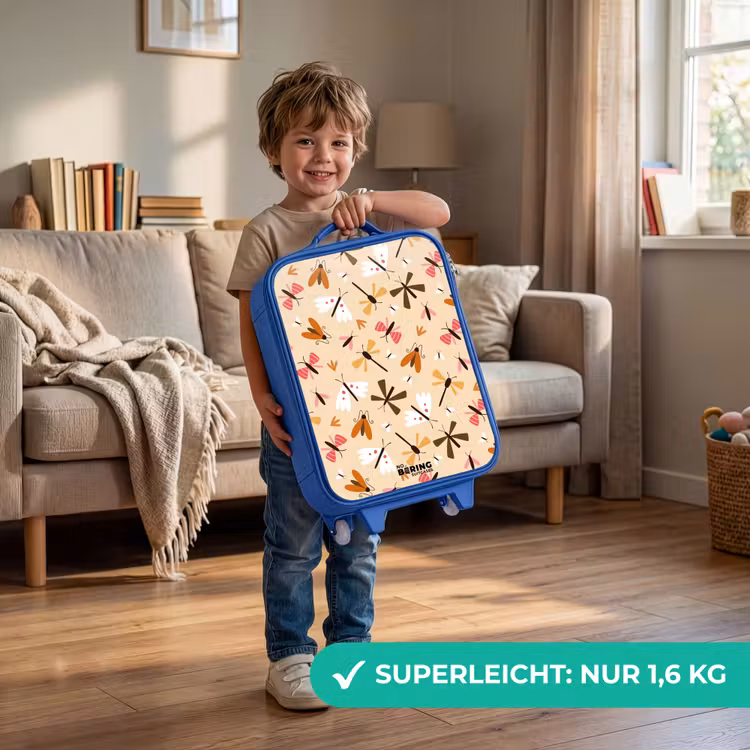 Kinderkoffer Blau - Insektenmuster in Braun, Rosa und Orange auf beigem Hintergrund — 3