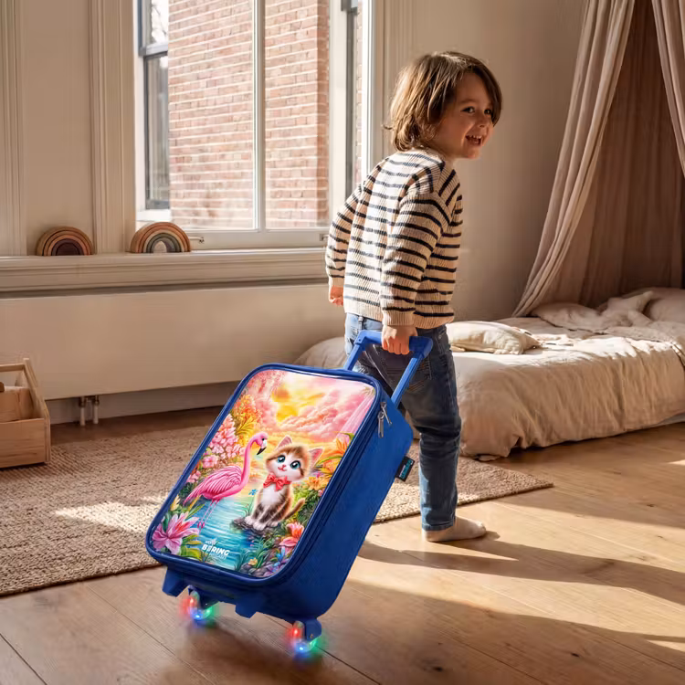 Kinderkoffer Blau - Kätzchen mit Flamingo im tropischen Blumenparadies — 2