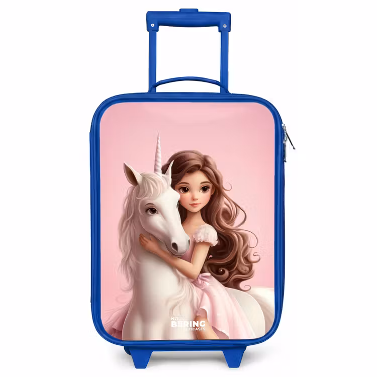 Kinderkoffer Blau - Mädchen mit weißem Einhorn auf rosa Hintergrund — 1