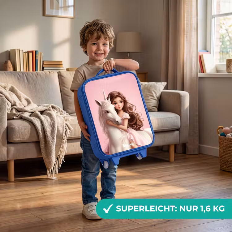 Kinderkoffer Blau - Mädchen mit weißem Einhorn auf rosa Hintergrund — 3