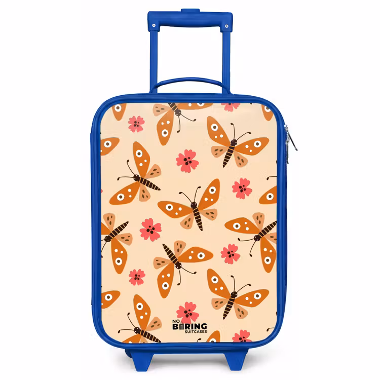 Kinderkoffer Blau - Orangefarbene Schmetterlinge und rosa Blumen auf beigem Hintergrund — 1