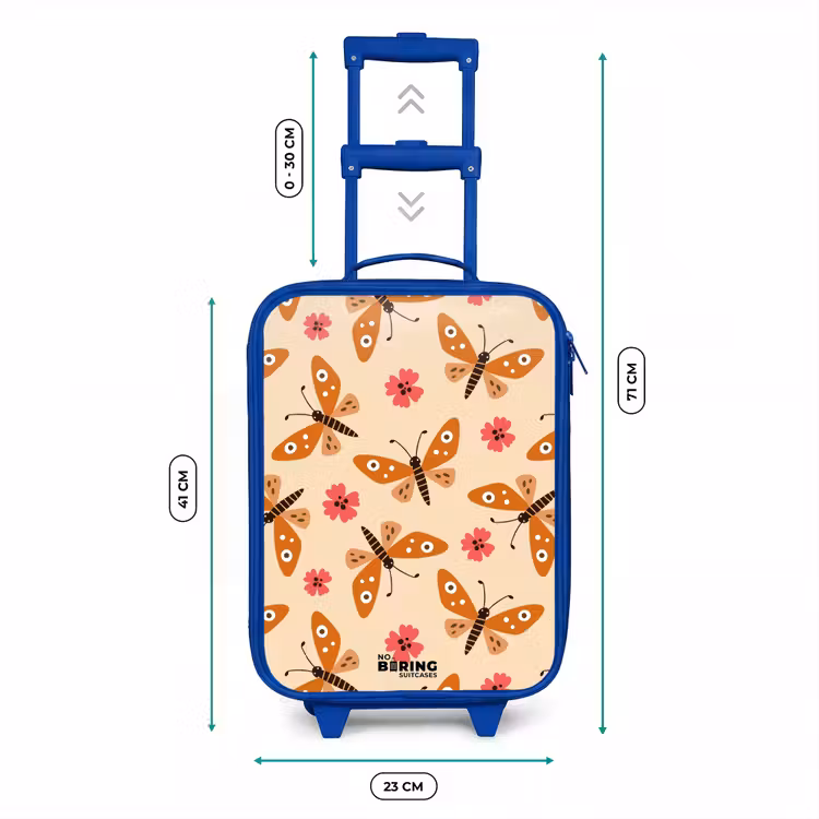 Kinderkoffer Blau - Orangefarbene Schmetterlinge und rosa Blumen auf beigem Hintergrund — 7