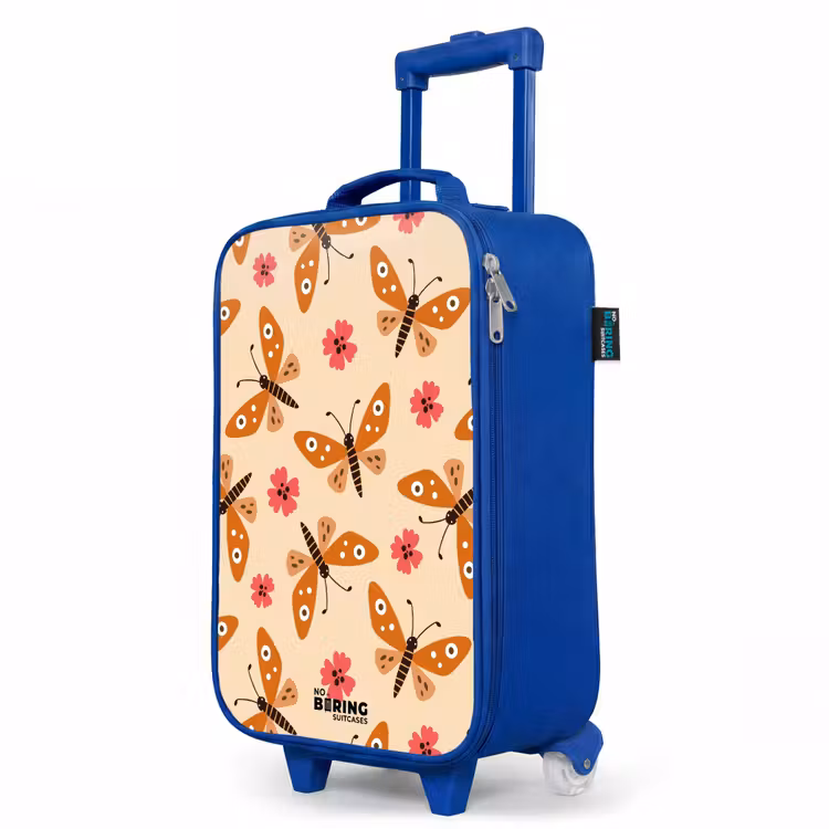 Kinderkoffer Blau - Orangefarbene Schmetterlinge und rosa Blumen auf beigem Hintergrund — 8
