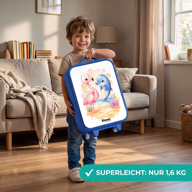 Kinderkoffer Blau - Rosa Flamingo und blauer Delfin am Strand — 3