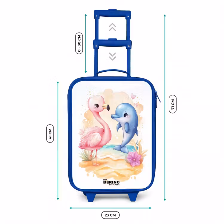 Kinderkoffer Blau - Rosa Flamingo und blauer Delfin am Strand — 7