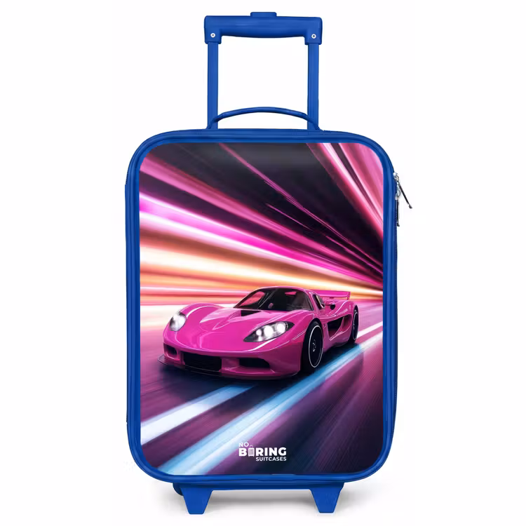 Kinderkoffer Blau - Rosa Rennwagen blinkt durch Neonlicht — 1