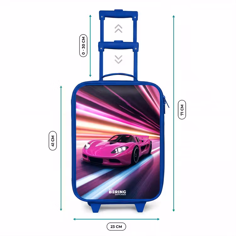 Kinderkoffer Blau - Rosa Rennwagen blinkt durch Neonlicht — 7