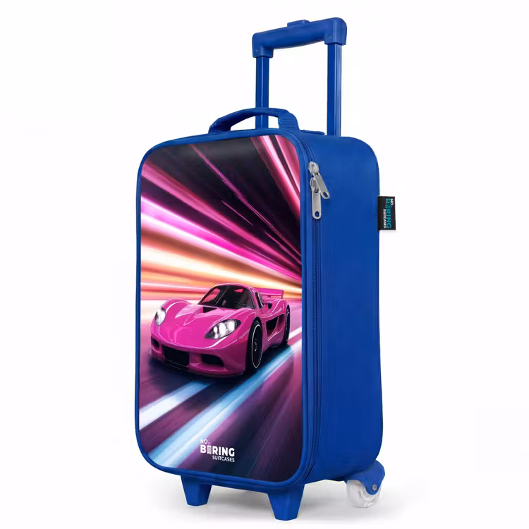 Kinderkoffer Blau - Rosa Rennwagen blinkt durch Neonlicht — 8