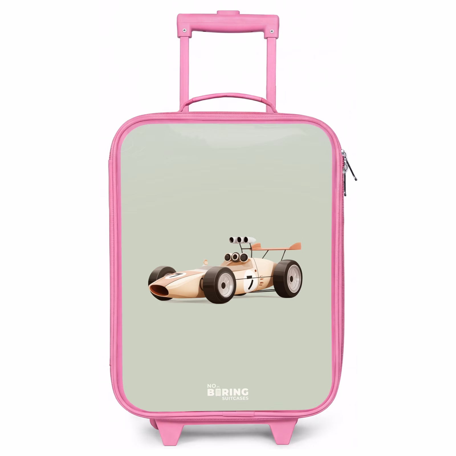 Kinderkoffer Rosa - Beige Retro-Rennwagen auf grünem Hintergrund — 1