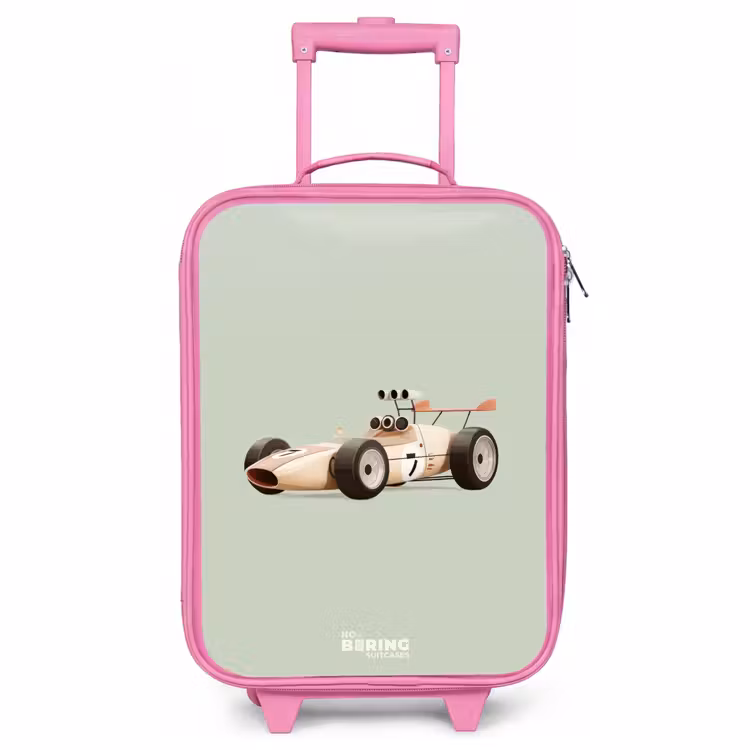 Kinderkoffer Rosa - Beige Retro-Rennwagen auf grünem Hintergrund — 1