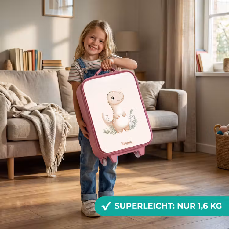 Kinderkoffer Rosa - Beigefarbener Dinosaurier mit grünen Blättern — 3