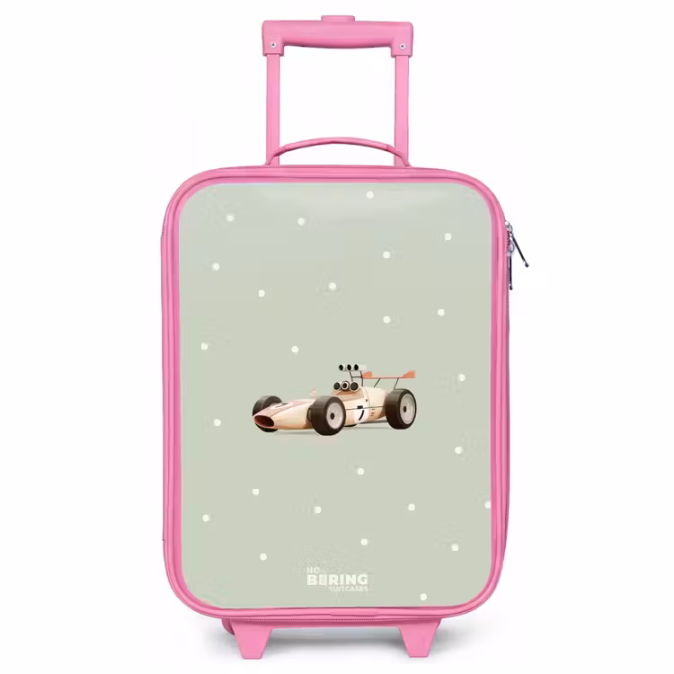 Kinderkoffer Rosa - Beigefarbenes Retro-Rennauto auf grünem Polka-Dot-Hintergrund — 1