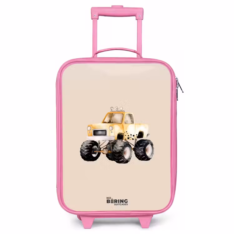 Kinderkoffer Rosa - Gelber Monstertruck auf einem beigen Hintergrund — 1