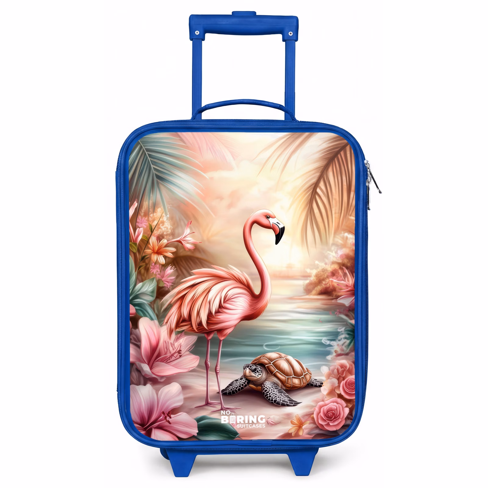 Kinderkoffer Blau - Flamingo und Schildkröte an einem rosa Strand. — 1
