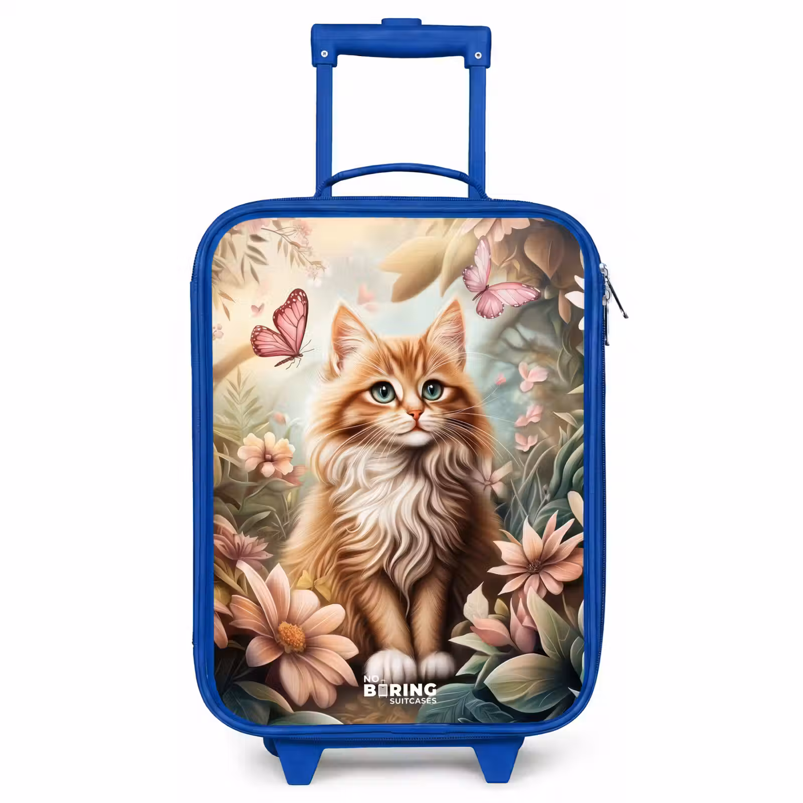 Kinderkoffer Blau - Katze im Blumenfeld mit rosa Schmetterlingen. — 1