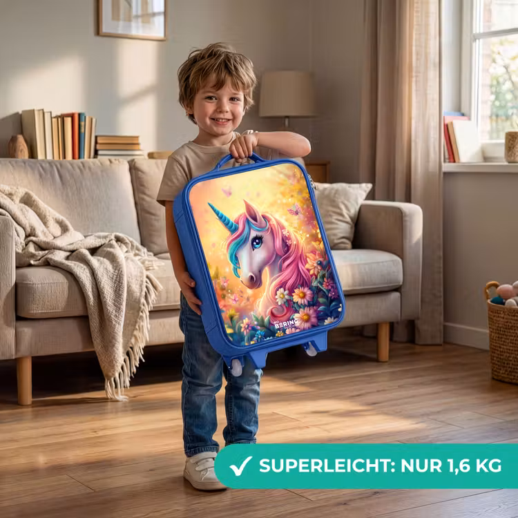 Kinderkoffer Blau - Einhorn mit bunten Blumen — 3