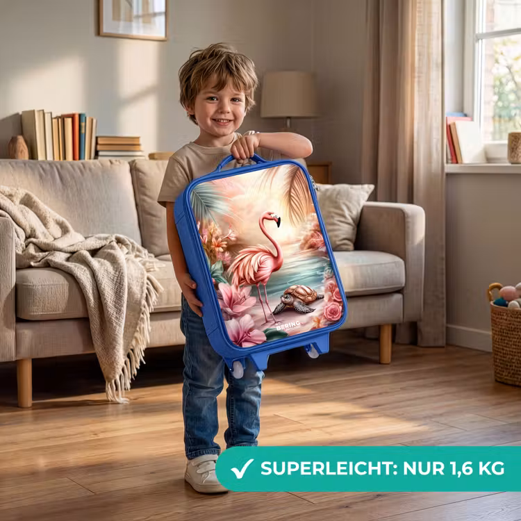 Kinderkoffer Blau - Flamingo und Schildkröte an einem rosa Strand. — 3