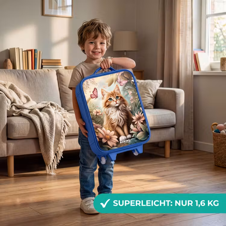 Kinderkoffer Blau - Katze im Blumenfeld mit rosa Schmetterlingen. — 3