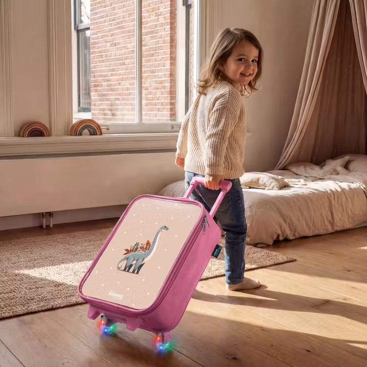 Kinderkoffer Rosa - Blauer Dinosaurier auf beigefarbenem Tupfenhintergrund — 2