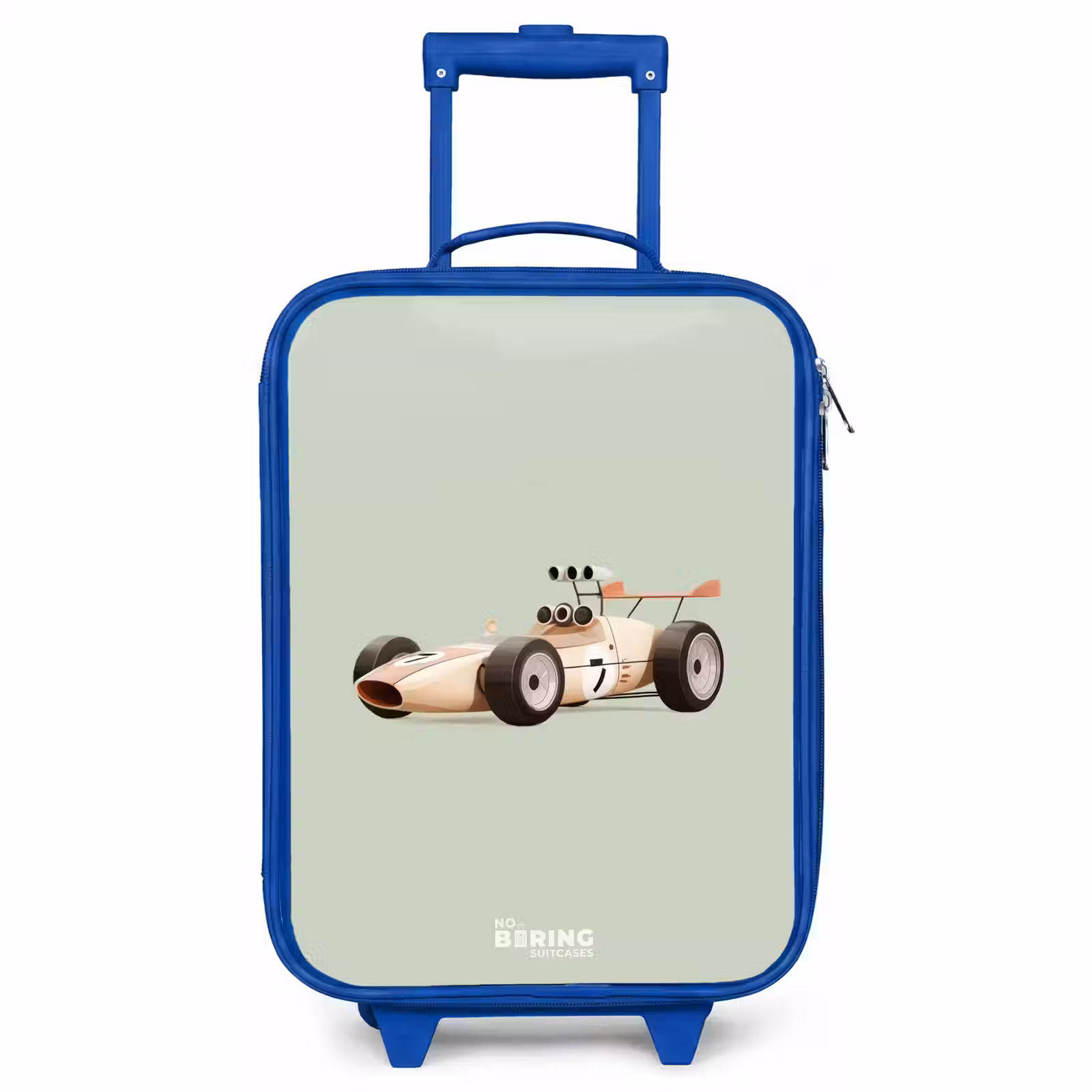 Kinderkoffer Blau - Beige Retro-Rennwagen auf grünem Hintergrund — 1