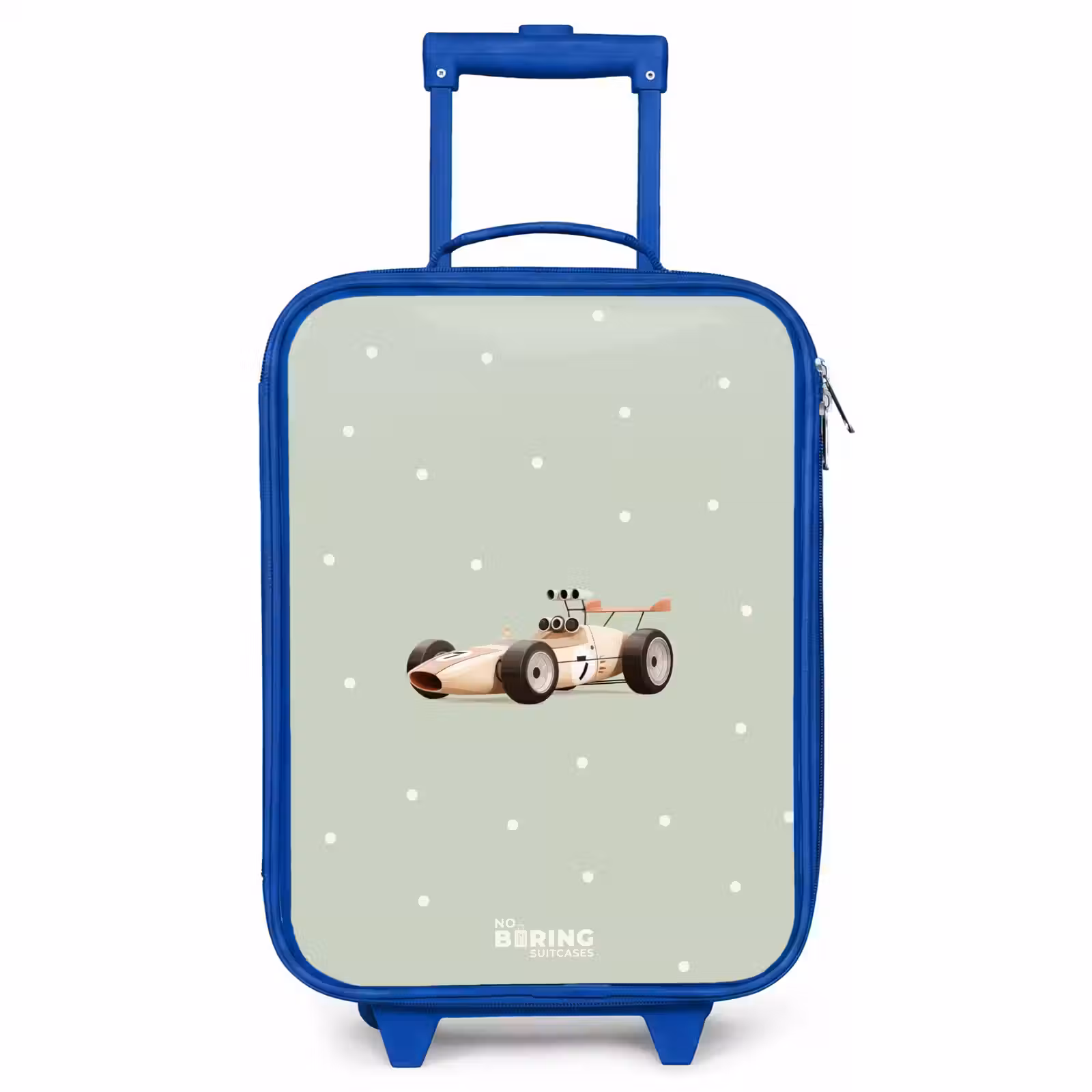 Kinderkoffer Blau - Beigefarbenes Retro-Rennauto auf grünem Polka-Dot-Hintergrund — 1