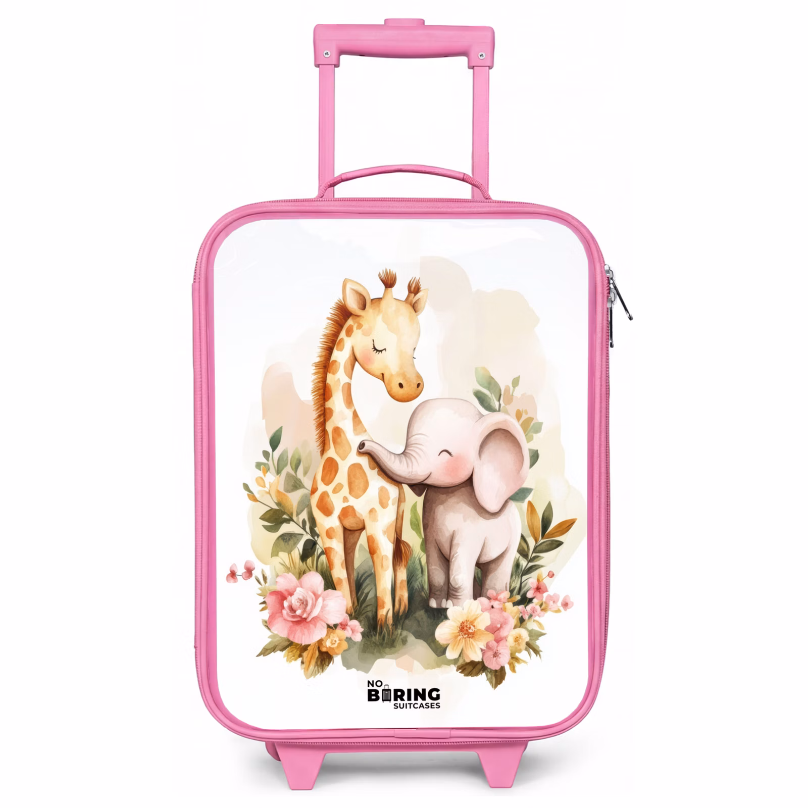 Kinderkoffer Rosa - Giraffe und Elefant zwischen Blumen auf weißem Hintergrund — 1
