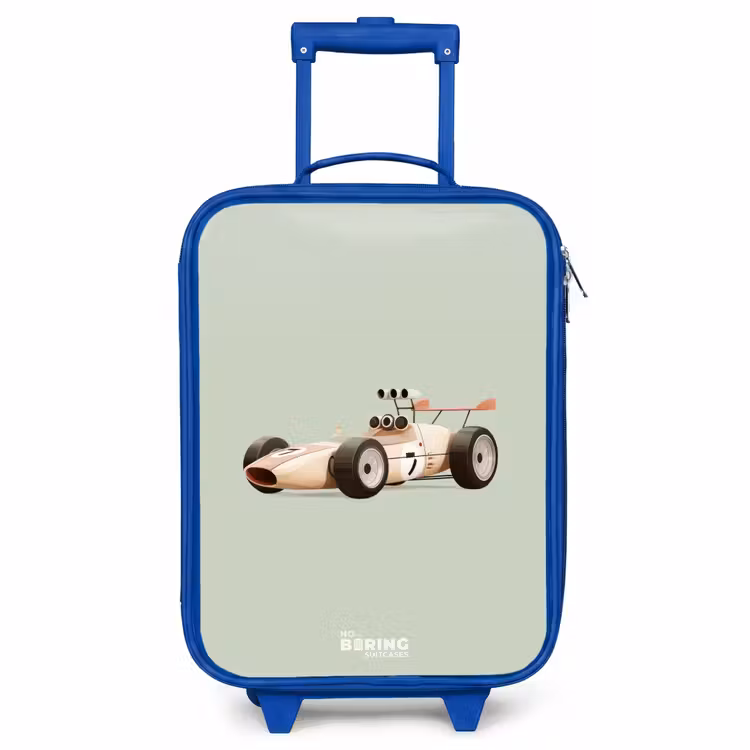 Kinderkoffer Blau - Beige Retro-Rennwagen auf grünem Hintergrund — 1