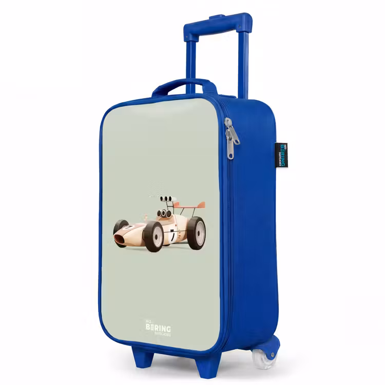 Kinderkoffer Blau - Beige Retro-Rennwagen auf grünem Hintergrund — 8